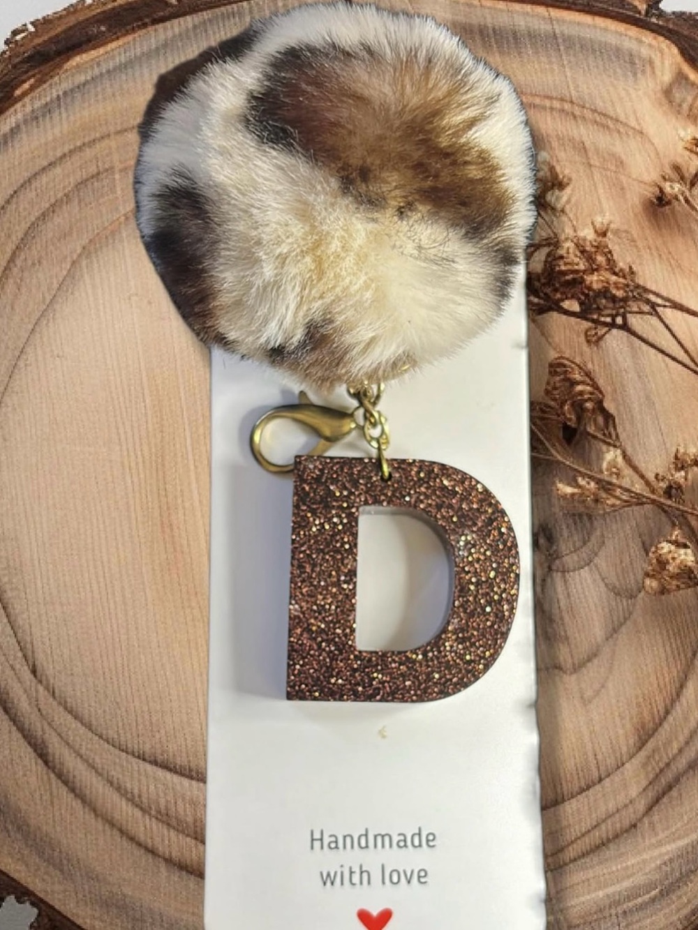 Handmade Brown Glitter 'D' Pom Keychain Charm